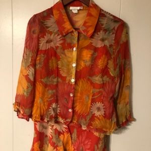 3 piece 100 0/0 silk shirt,camisole,and skirt set